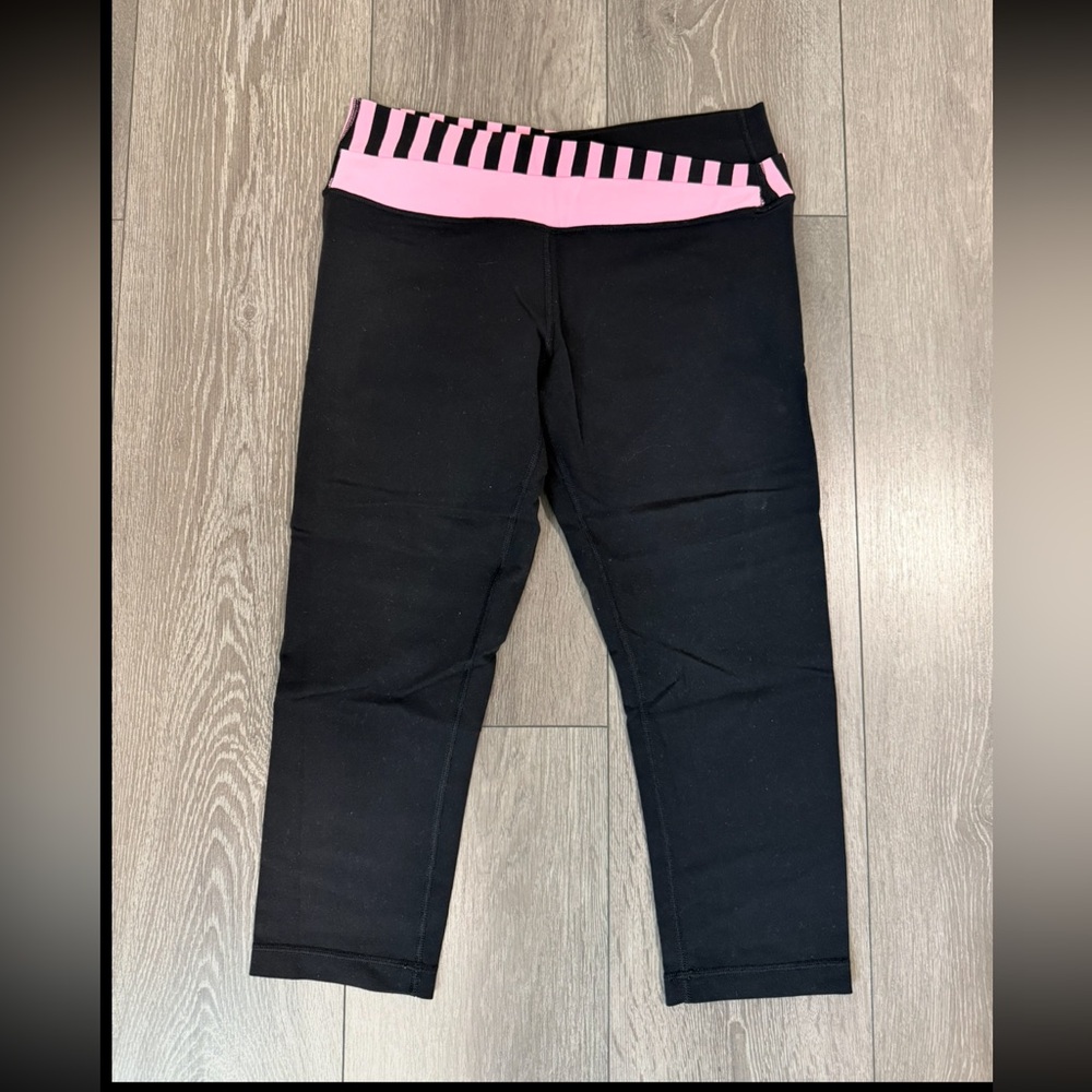 Lululemon Athletica Black Cropped Leggings with Pink Striped Waistband - Picture 2 of 4